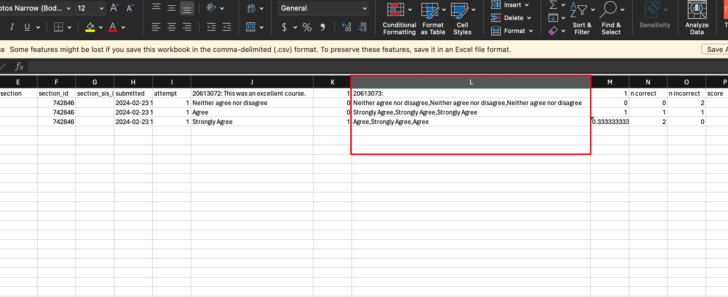 Preview of Excel spreadsheet where column L is highlighted with multiple data values in each cell.