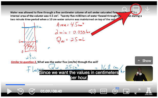 Arrow pointing at transcript icon in the upper-right corner of the video player.