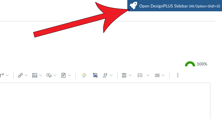 Arrow pointing at blue rocket ship icon in top right corner of the screen that reads "Launch DesignPLUS sidebar"