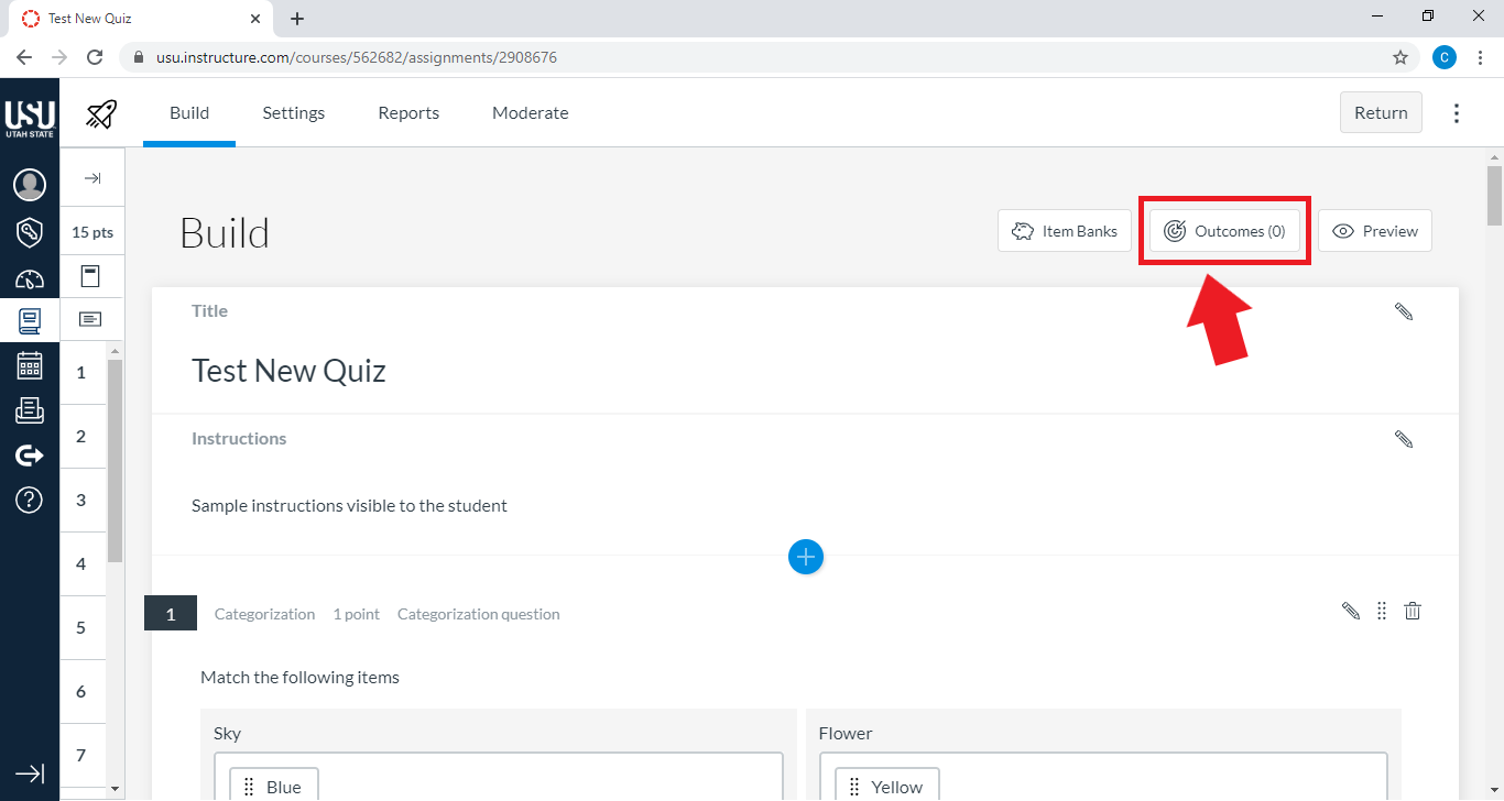 outcomes button highlighted
