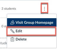 group options button clicked with visit group homepage, edit, and delete options showing and the edit option highlighted