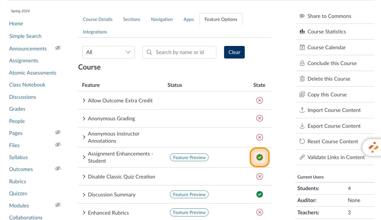 Green checkmark next to the option for Assignment Enhancements - Student.