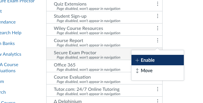 Secure Exam Proctor item highlighted with popup with + Enable highlighted.