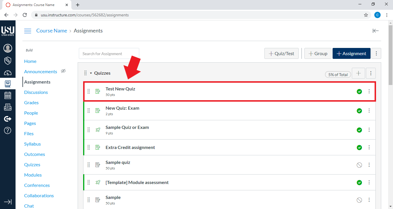 test new quiz option highlighted