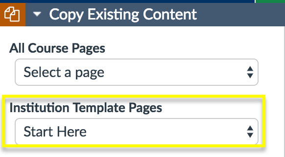 start here institution template dropdown option