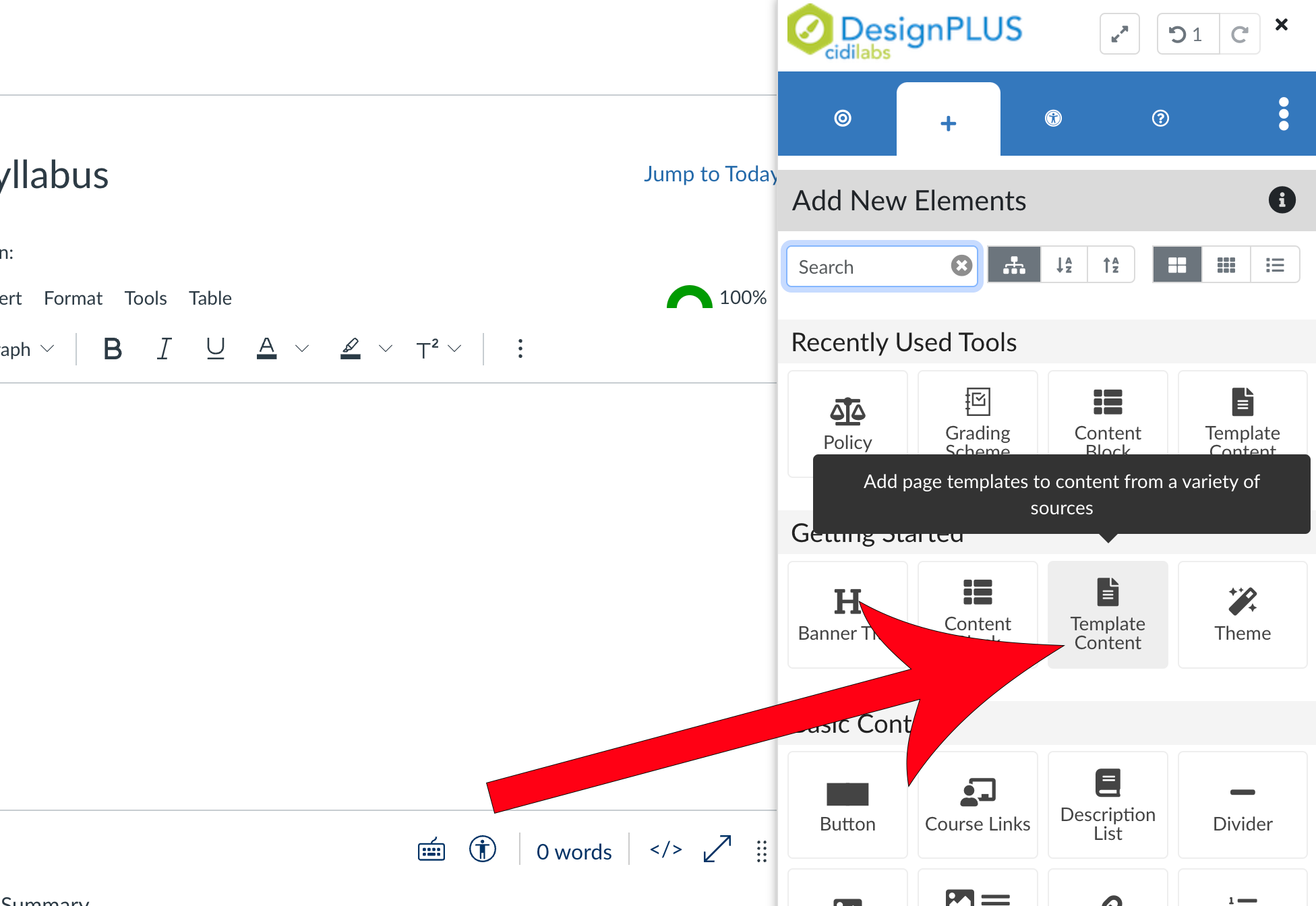 Arrow pointing at Template Content button on the DesignPLUS sidebar under the Getting Started section.