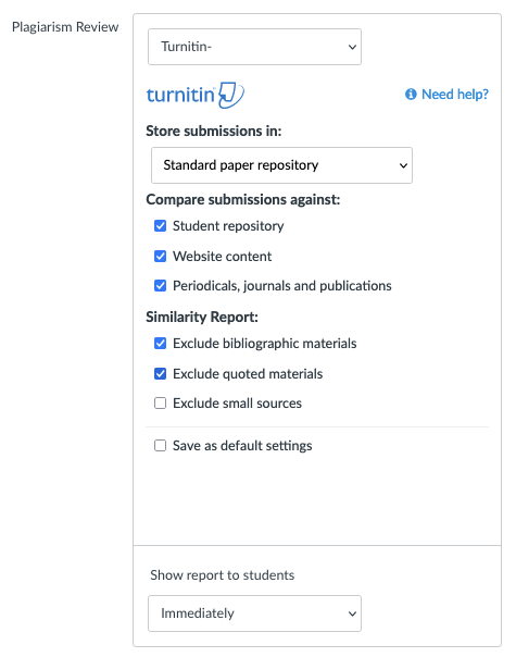 After enabling Turnitin, select additional settings options