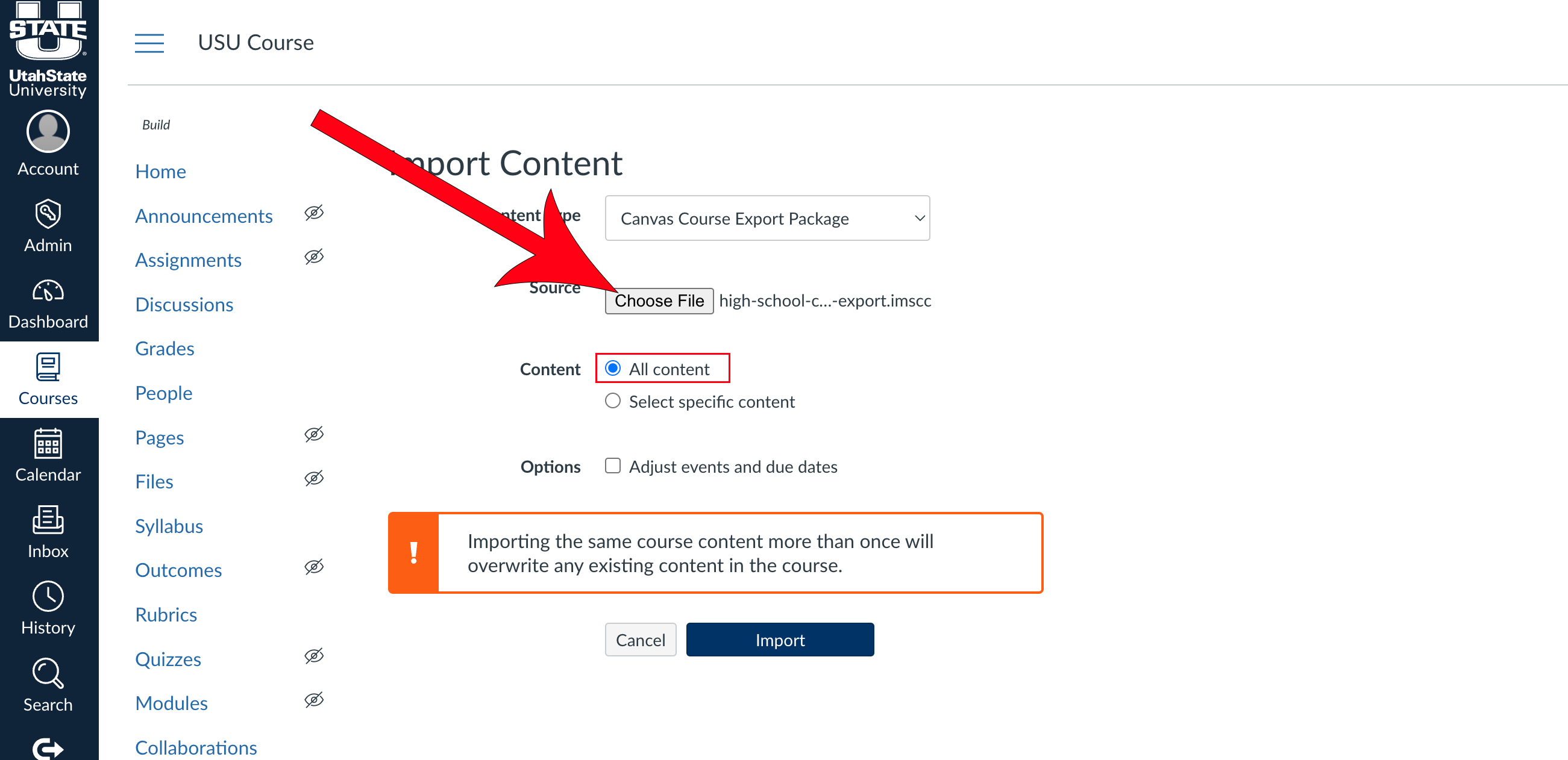 Arrow pointing at Choose File button, with the All content radio button option highlighted.