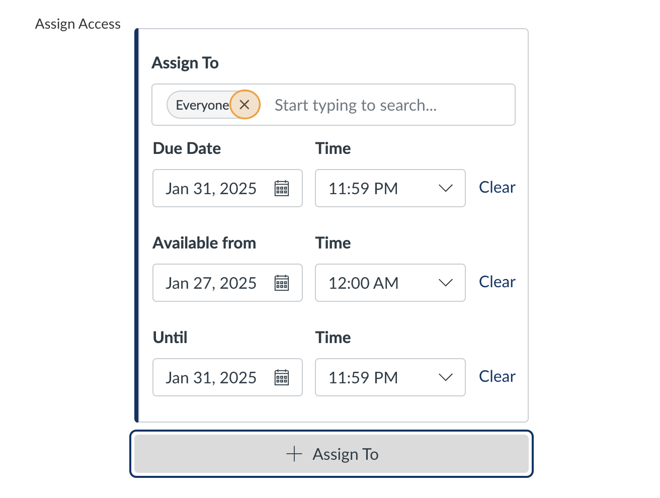 X highlighted in orange on a bubble labeled Everyone in the box for Assign To.
