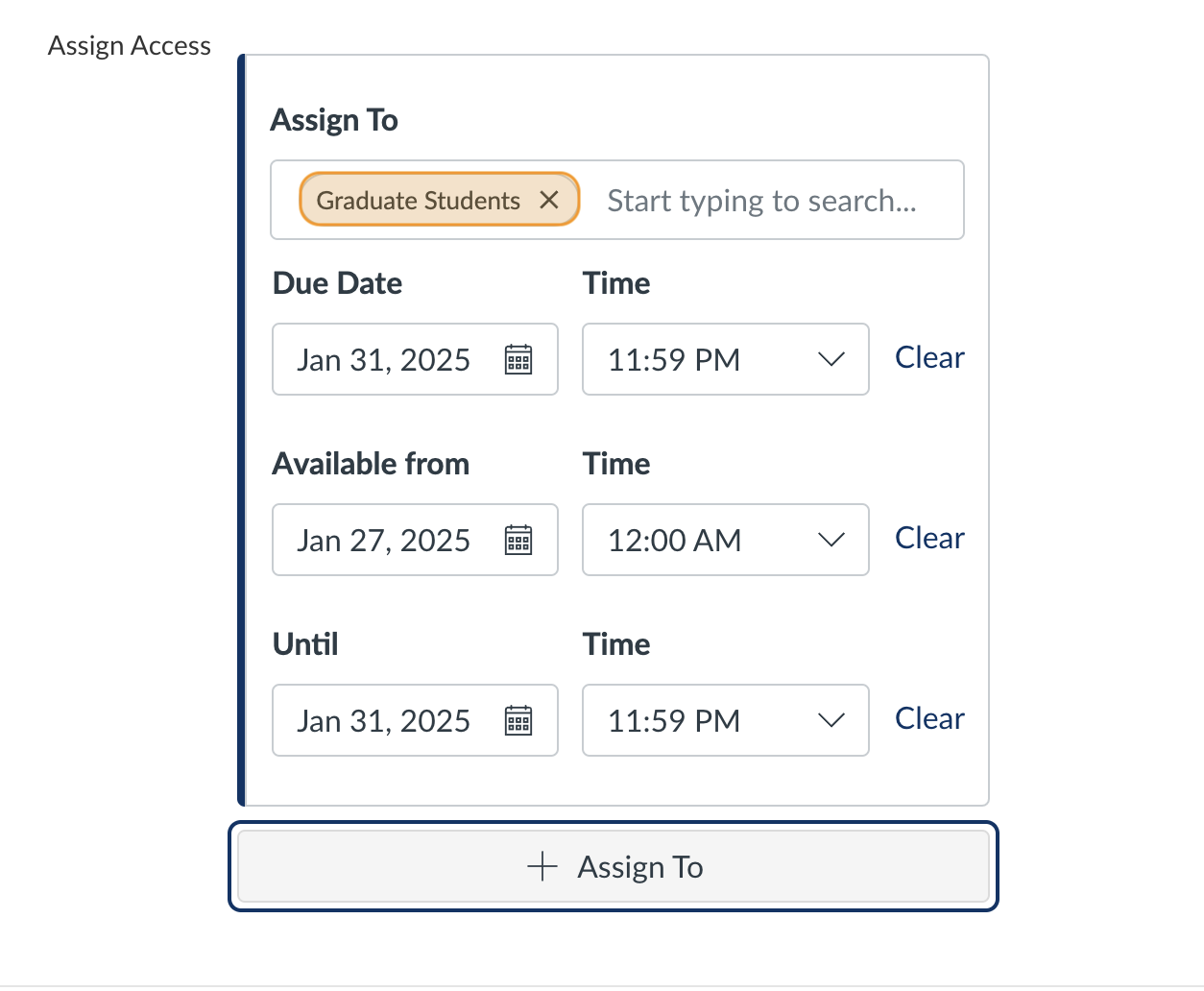A group "Graduate Students" highlighted in orange within the Assign To box.