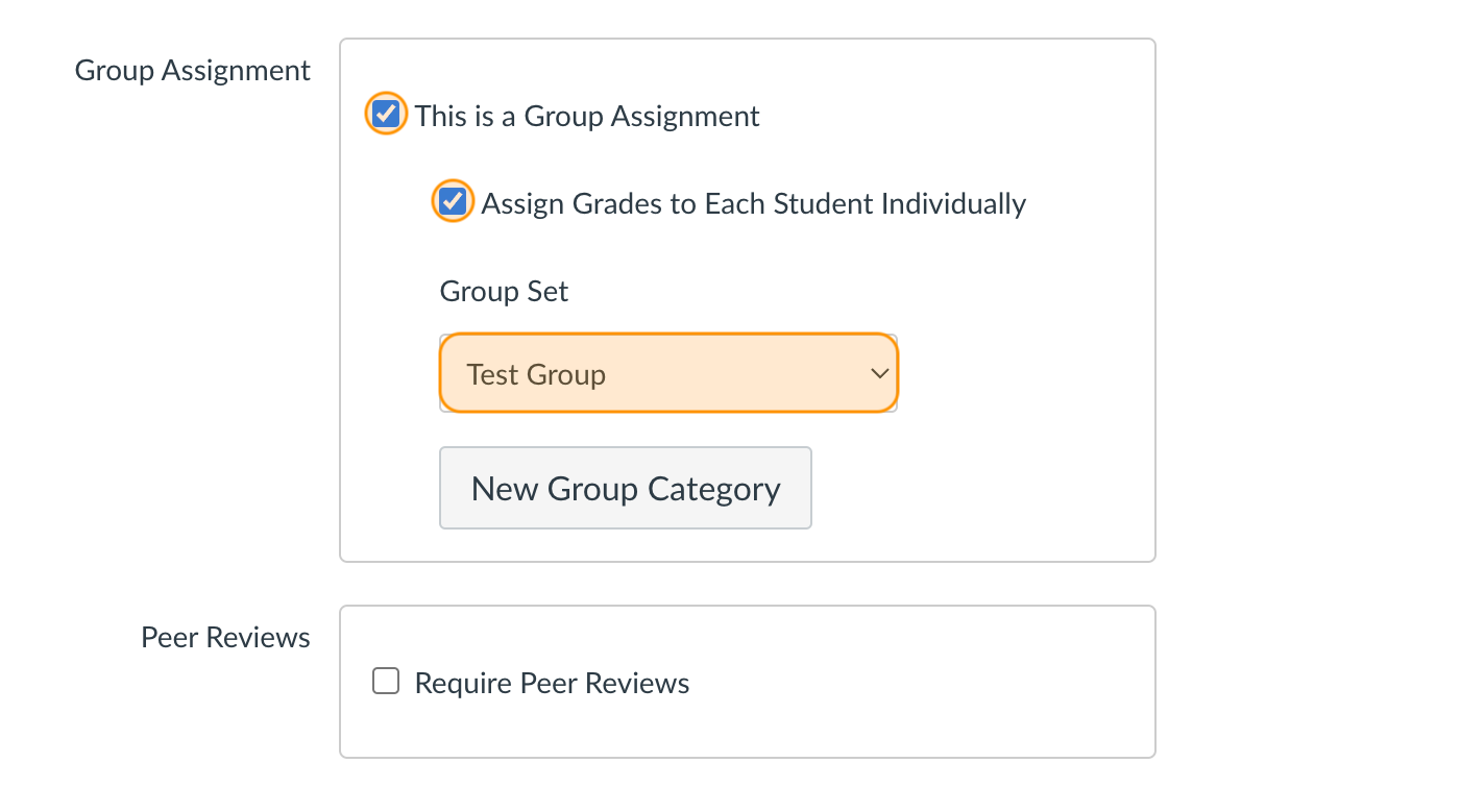 Check boxes for "This is a Group Assignment" and "Assign Grades to Each Student Individually" highlighted in orange. 