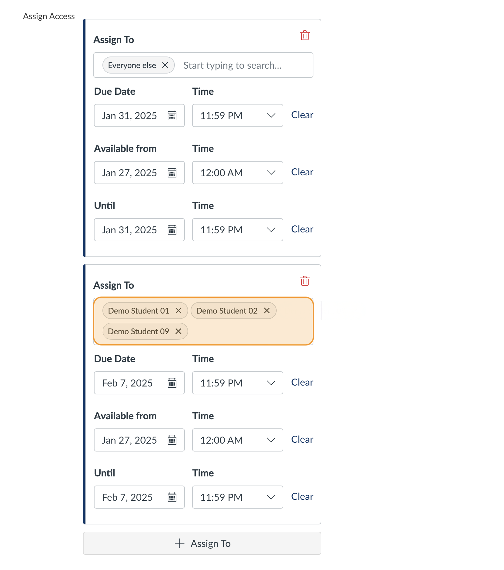 Assign To box containing 3 student names, highlighted in orange. 