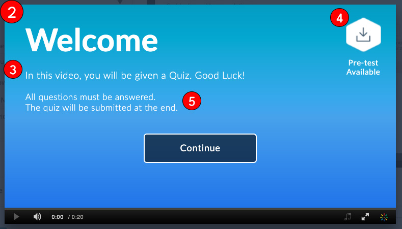 Welcome Page preview window. (2)Welcome (3) In this video, you will be given a Quiz. Good Luck! (4) Pre-Test Available (5) All questions must be answered. The quiz will be submitted at the end.