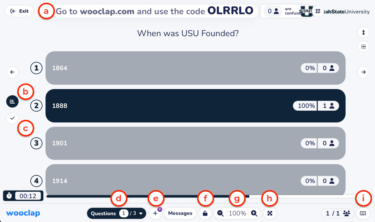 A screenshot showing the Wooclap presentation interface with indicators that match the text above showing where the various options are.