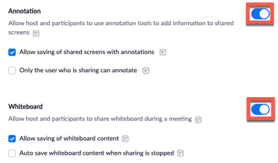 Zoom website settings with annotation and whiteboard enabled