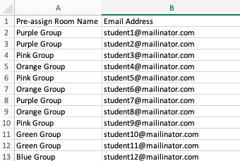 spreadsheet with Pre-assign Room Name in first column and list of student email addresses in second column