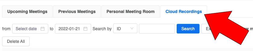 arrow pointing at cloud recordings tab