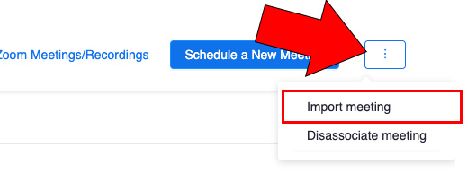 arrow pointing at 3 dot icon with import meeting highlighted