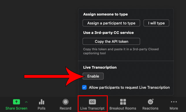 Live Transcript highlighted with arrow pointing at Enable button