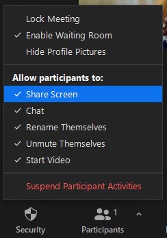 Allowing participants to share their screen in Zoom from the Security button.