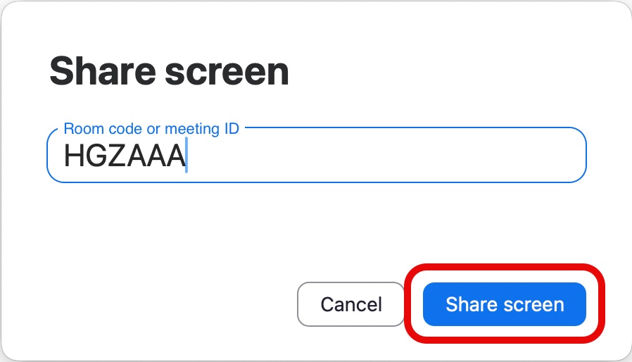 laptop Zoom app share screen window with Room code and share screen button highlighted