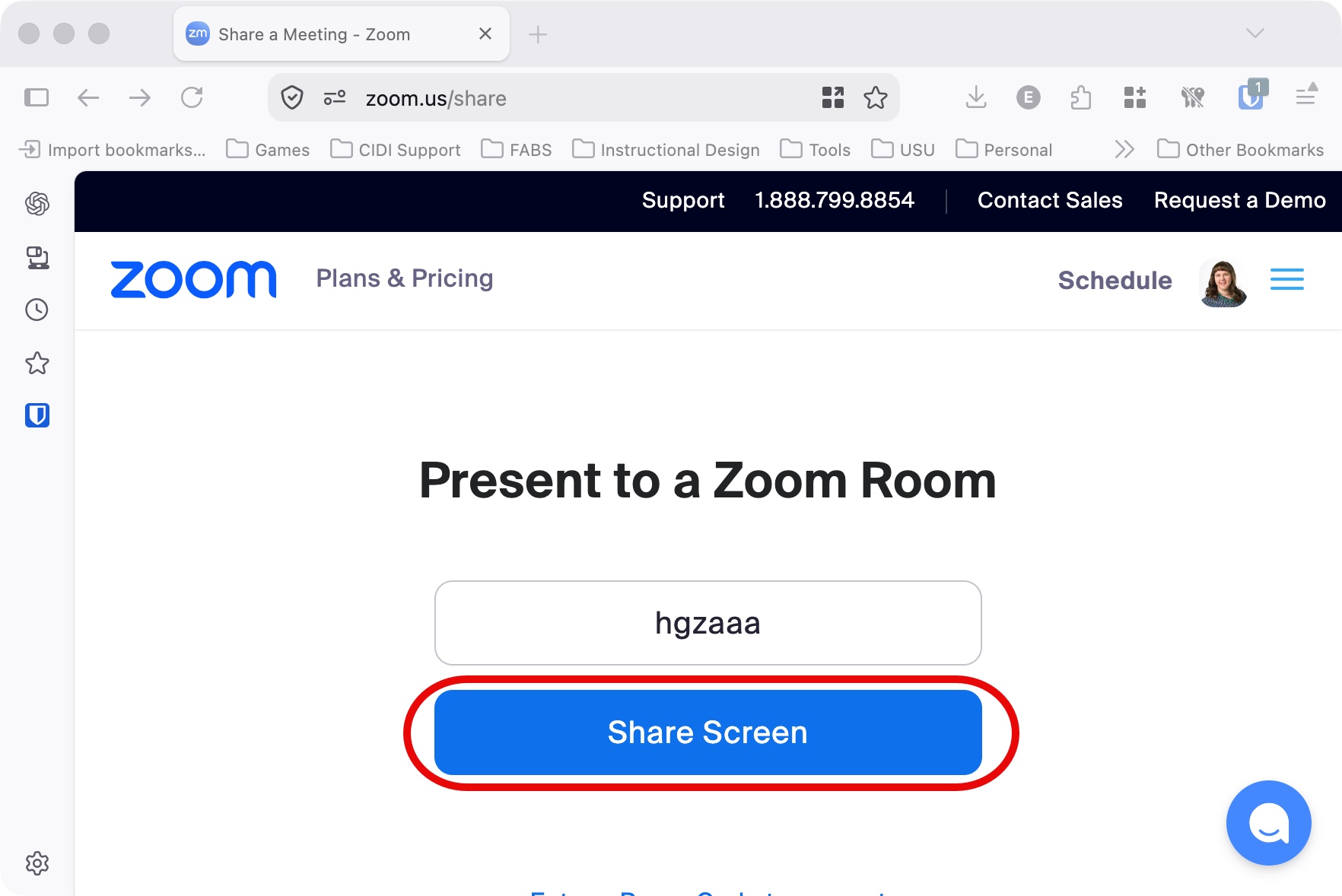 web broswer with zoom do us slash share website open with Zoom room code entered and Share screen button highlighted