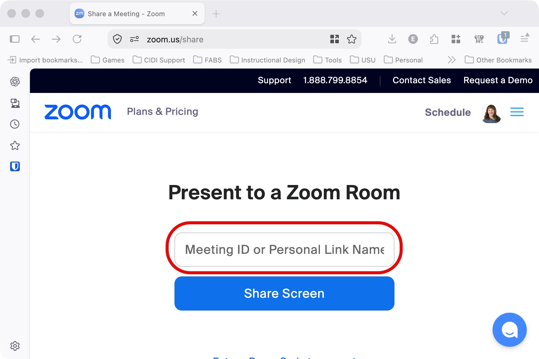 web browser open to the website zoom dot us slash share