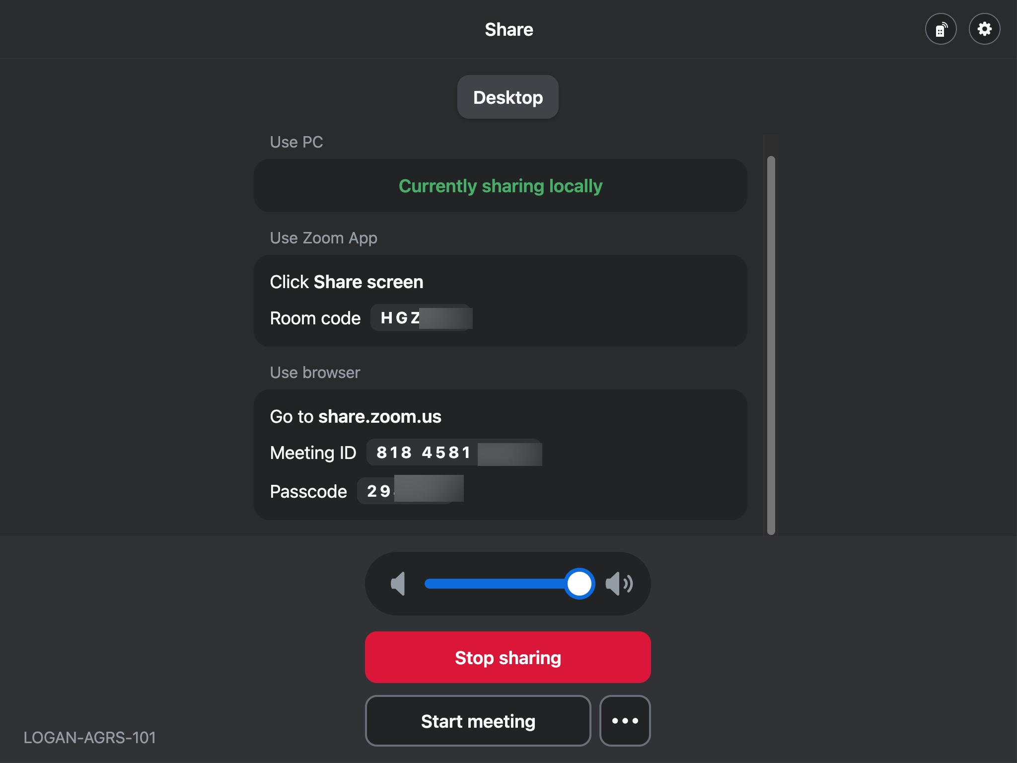 Zoom room touch panel with laptop sharing options displayed