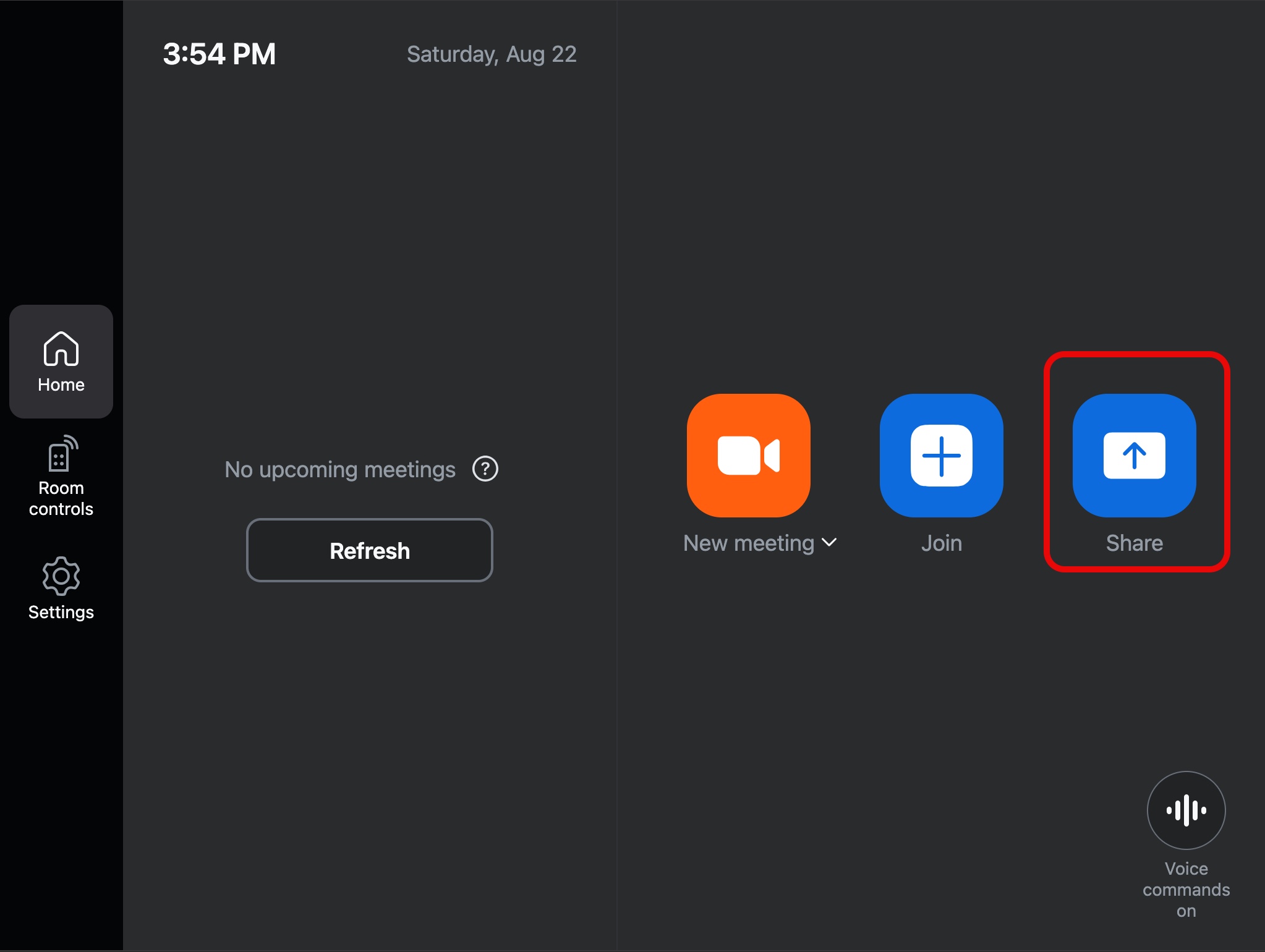 Zoom room touch panel with share button highlighted