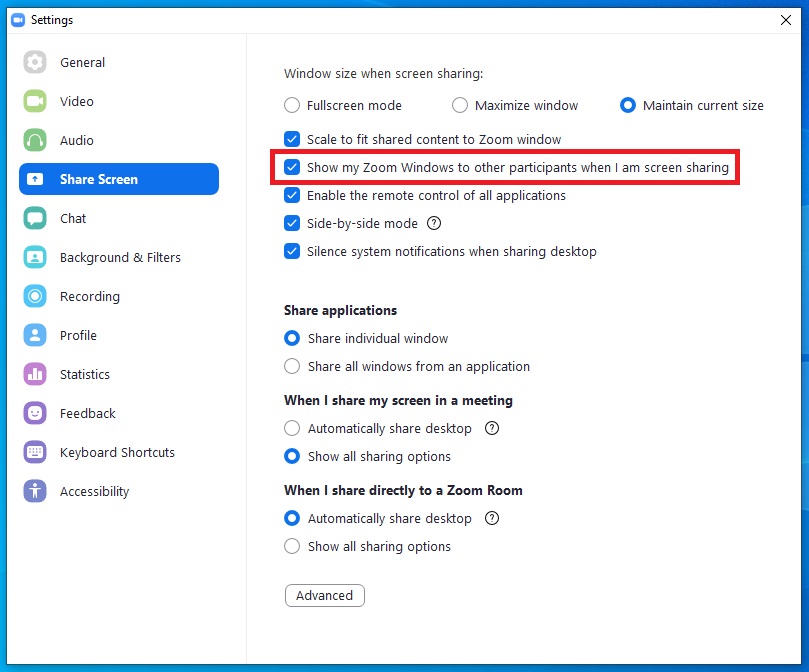 Zoom application settings with Share Screen selection selected and Show my Zoom Windows to other participatns when I am screen sharing selected