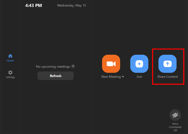 Zoom Room panel not in a call with share content outlined in red