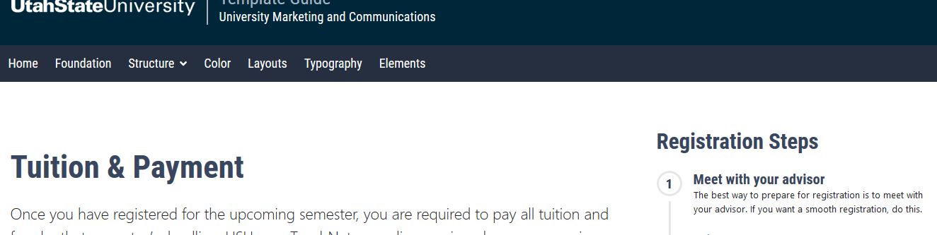 Webpage screenshot from the Utah State University Template Guide showing a section titled Tuition & Payment with explanatory text underneath. A sidebar on the right is labeled Registration Steps. The two sections are not aligned on the page, but have better spacing from the navigation menu.
