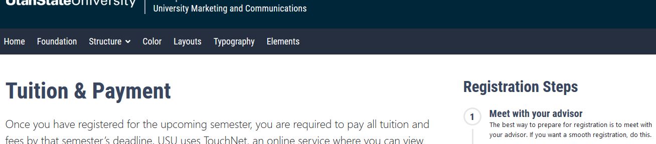 Webpage screenshot from the Utah State University Template Guide showing a section titled Tuition & Payment with explanatory text underneath. A sidebar on the right is labeled Registration Steps. The two sections are aligned and evenly spaced from the navigation menu.
