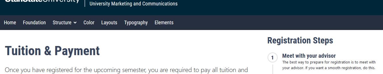Webpage screenshot from the Utah State University Template Guide showing a section titled Tuition & Payment with explanatory text underneath. A sidebar on the right is labeled Registration Steps. The two sections are not aligned on the page.
