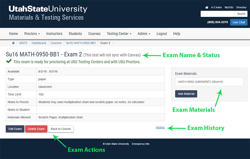 Exam details page