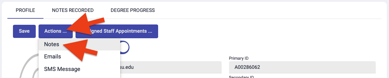 location of the Actions & Note buttons on a student's profile