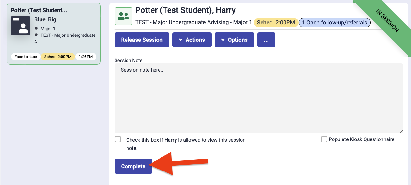location of the complete button in the check-in queue of Achieve