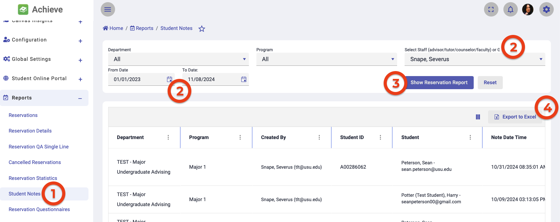 screenshot showing a student notes report filter and results