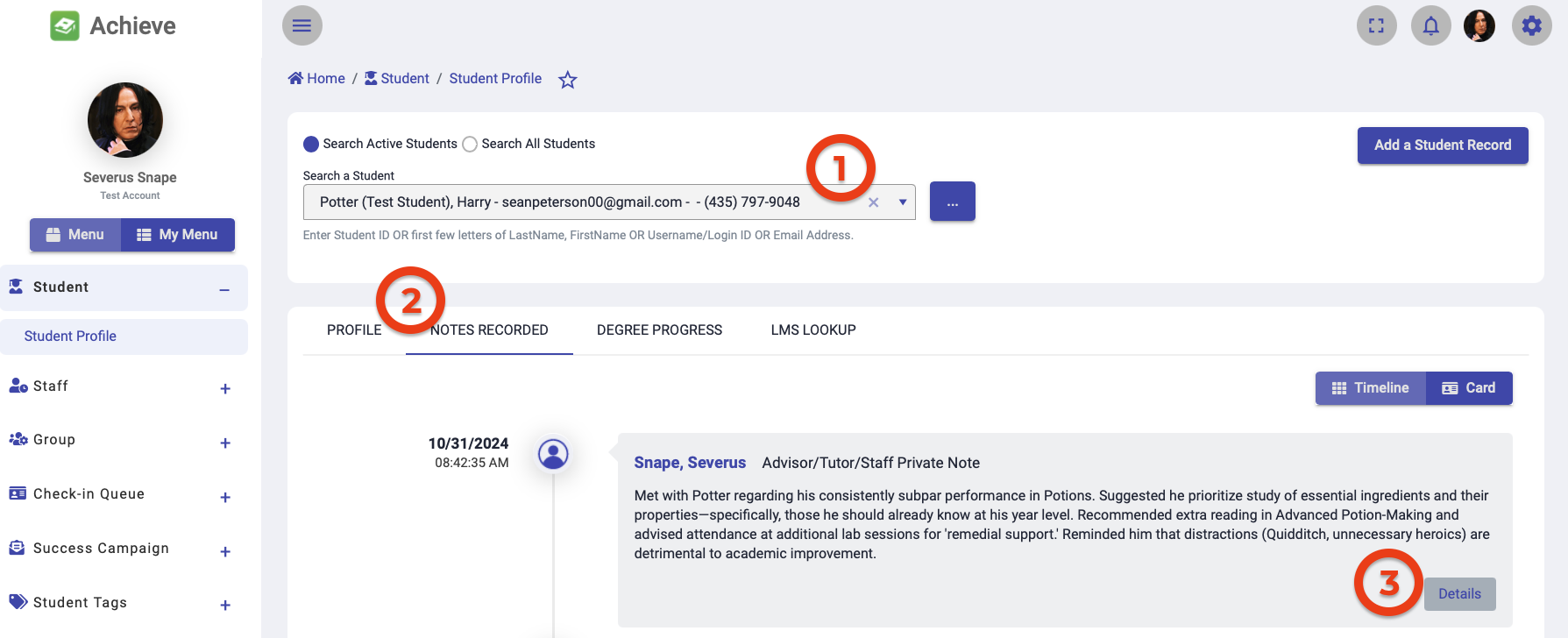 Screenshot of a student profile focusing on recorded notes and various navigational elements.