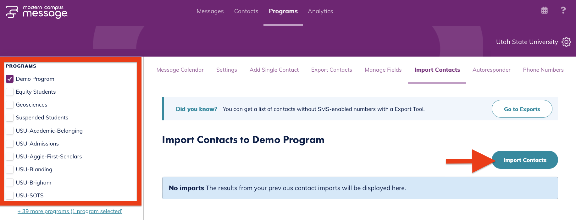 location of programs and import button