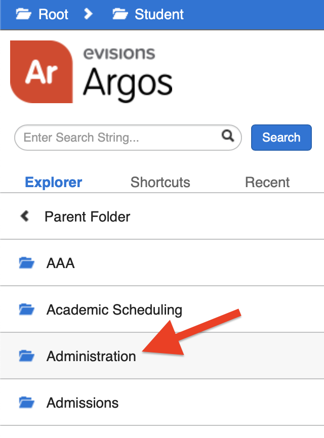 location of the administration folder under the Student folder in Argos