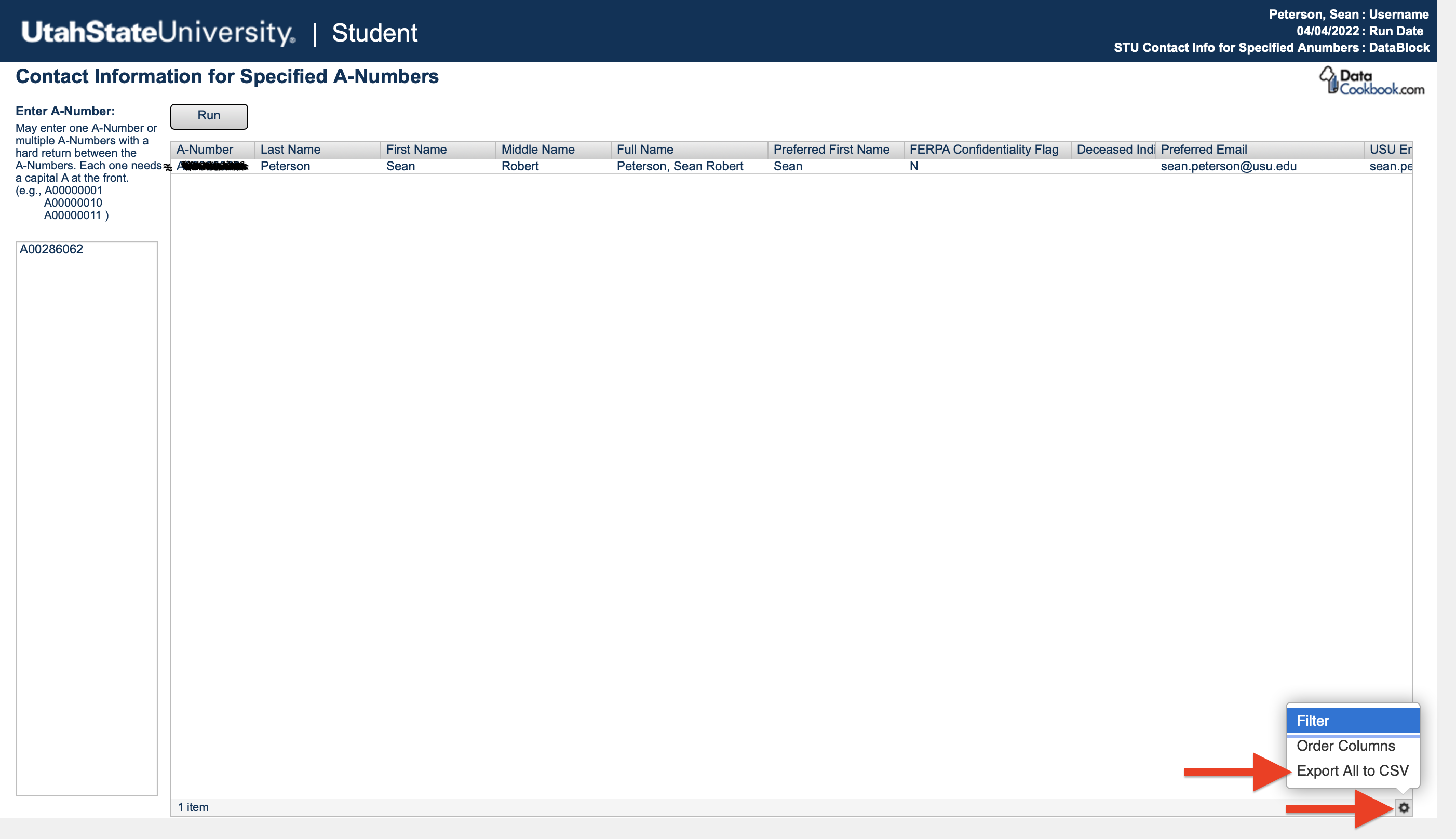 location of the gear icon in the lower right corner of the report