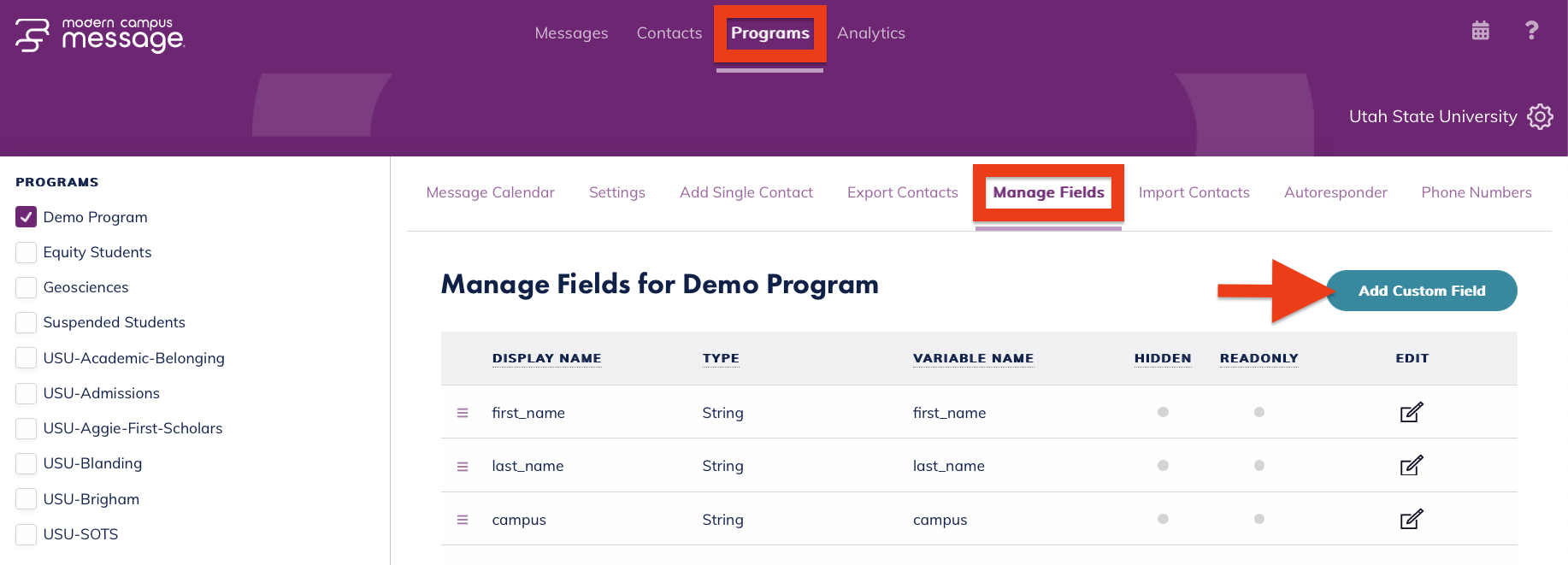 A view of the manage fields screen