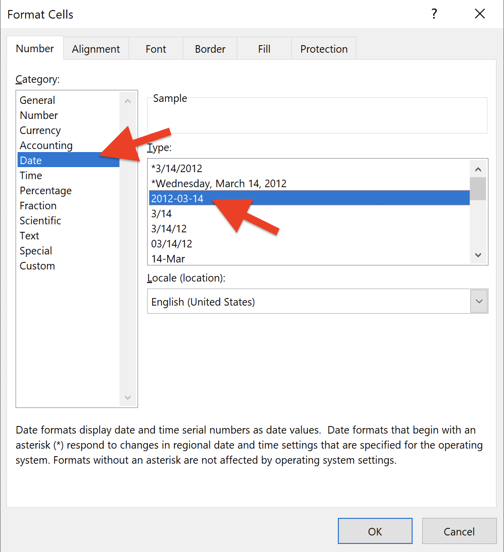 the proper date format is located in the Date category