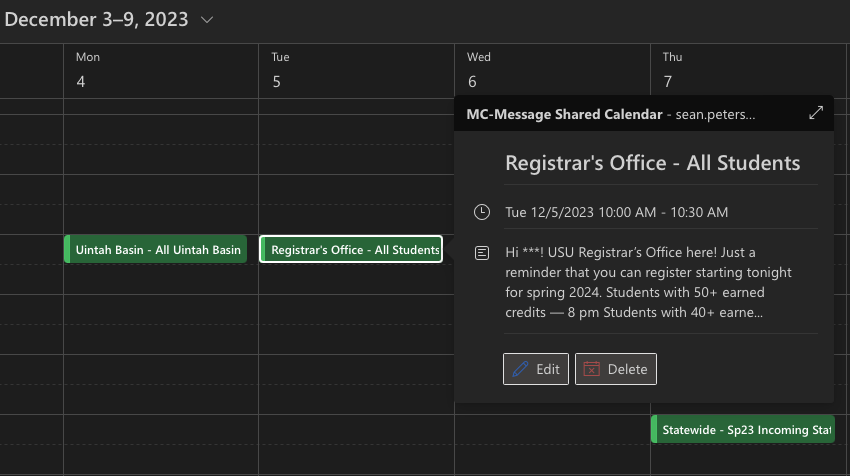 an example of the shared MC Message calendar in Outlook showing some events on the calendar with one open and showing the event title as "Office of the Registrar - All Students" and the event body that includes the text message being sent..