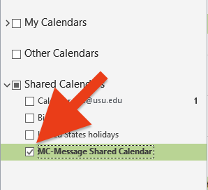 The location of the shared calendar section in Outlook with the "MC-Message Shared Calendar" selected