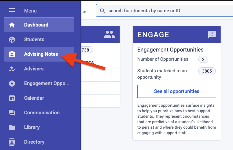 the advising notes link on the left, site menu