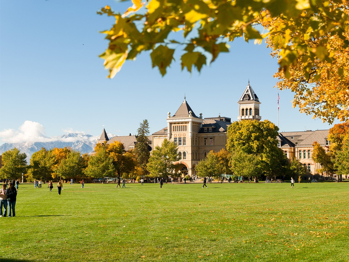 Leaves changing color on a tree with USU's Old Main tower in the background