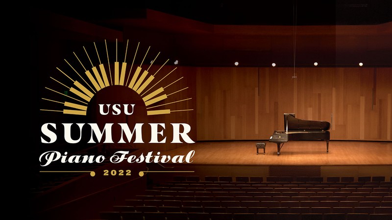 A piano rests on stage in a concert hall. Text reads: USU Summer Piano Festival 2022.