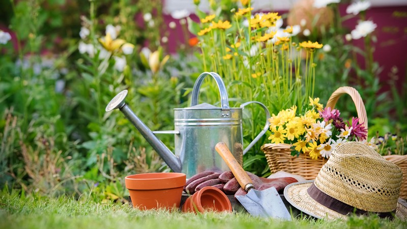 This image shows gardening tools, including a straw hat, watering can, gloves and more.